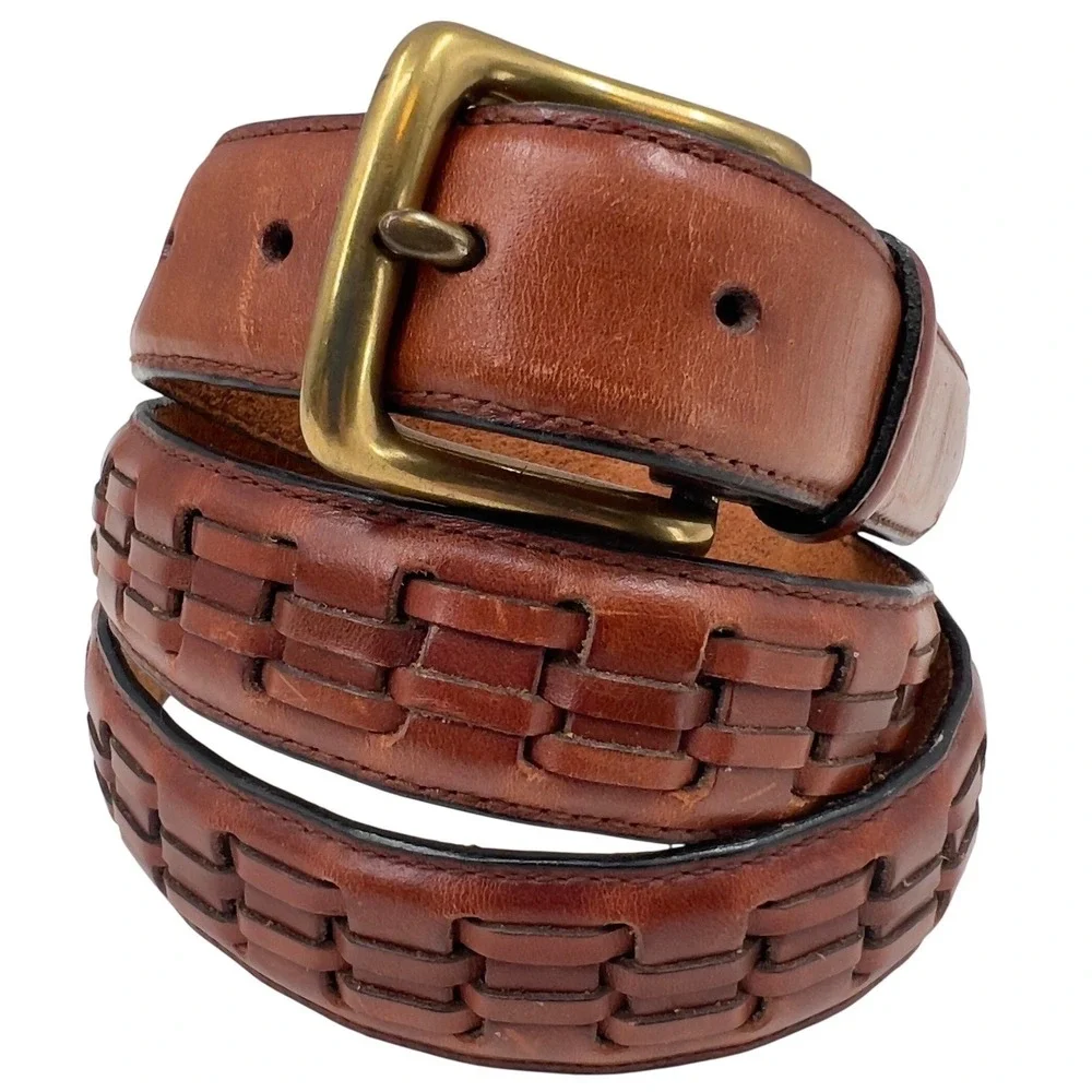 Mens Vintage Leather Belt Brown Oil Tan Cowhide Woven Inlay Solid Brass 40